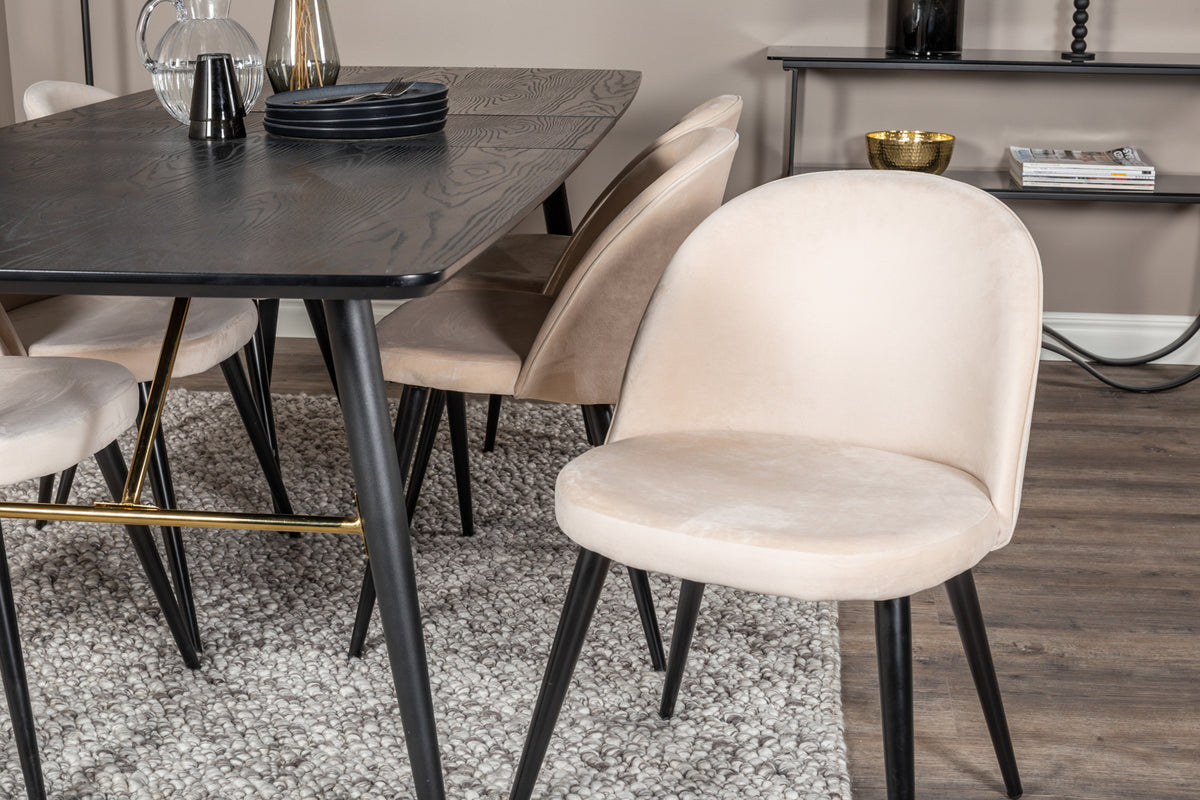 Guld & Velour Rektangulært Spisebord 180 x 85 Sort + Spisebordsstol 2-pak Beige