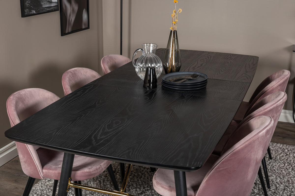 Guld & Velour Rektangulært Spisebord 180 x 85 Sort + Spisebordsstol 2-pak Støvet Rosa