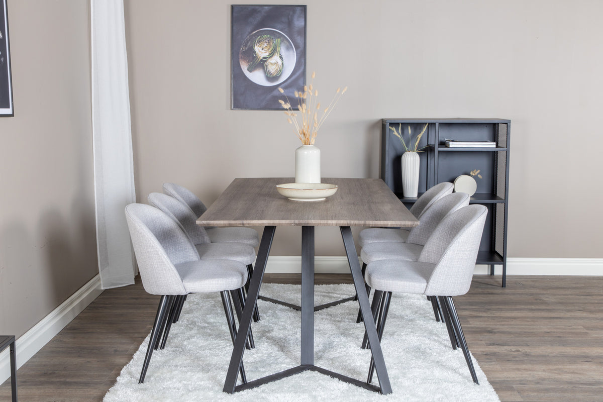 Velour & Marina spisebordsstol 2-pak grå + rektangulært spisebord 180 x 90 natur