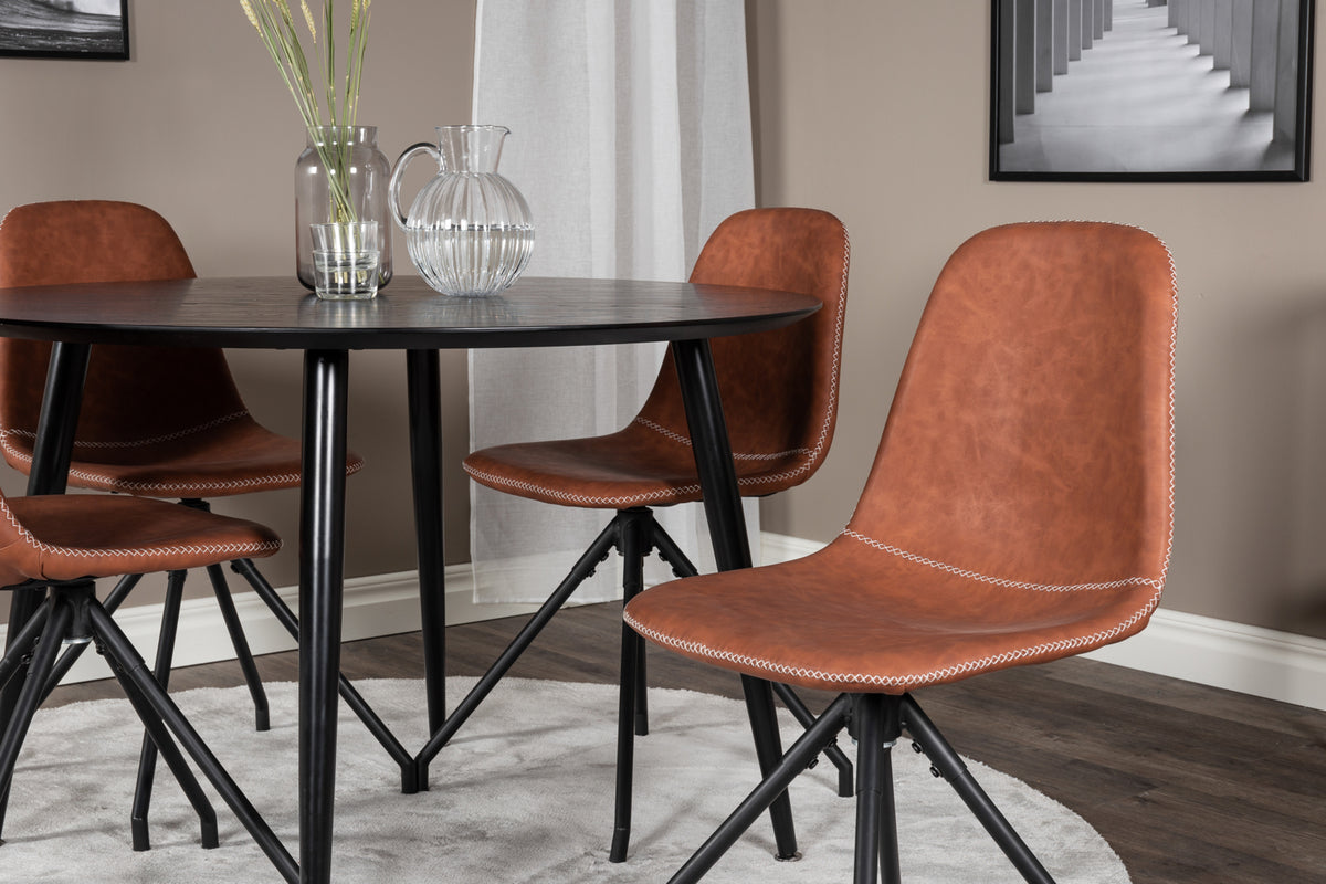 Dipp & Polar Rundt Spisebord ⌀115 Sort + Spisebordsstol 2-pak Brun