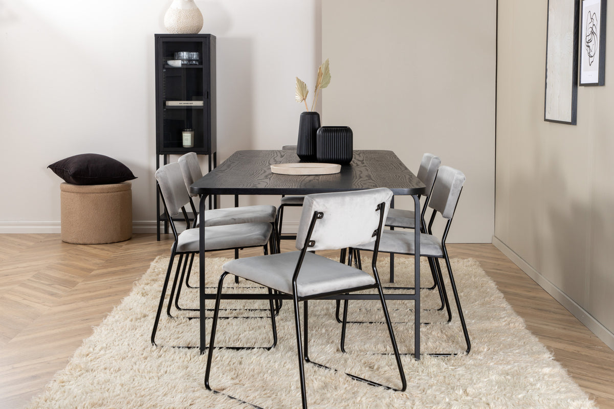 Kenth & Uno spisebordsstol 2-pak grå + rektangulært spisebord 200 x 90 sort
