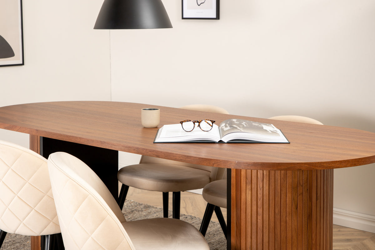 Bianca & Velvet Oval Spisebord 200 x 90 Valnød + Spisebænk 2-pak Beige
