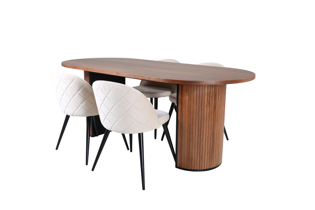 Bianca & Velvet Oval Spisebord 200 x 90 Valnød + Spisebænk 2-pak Beige