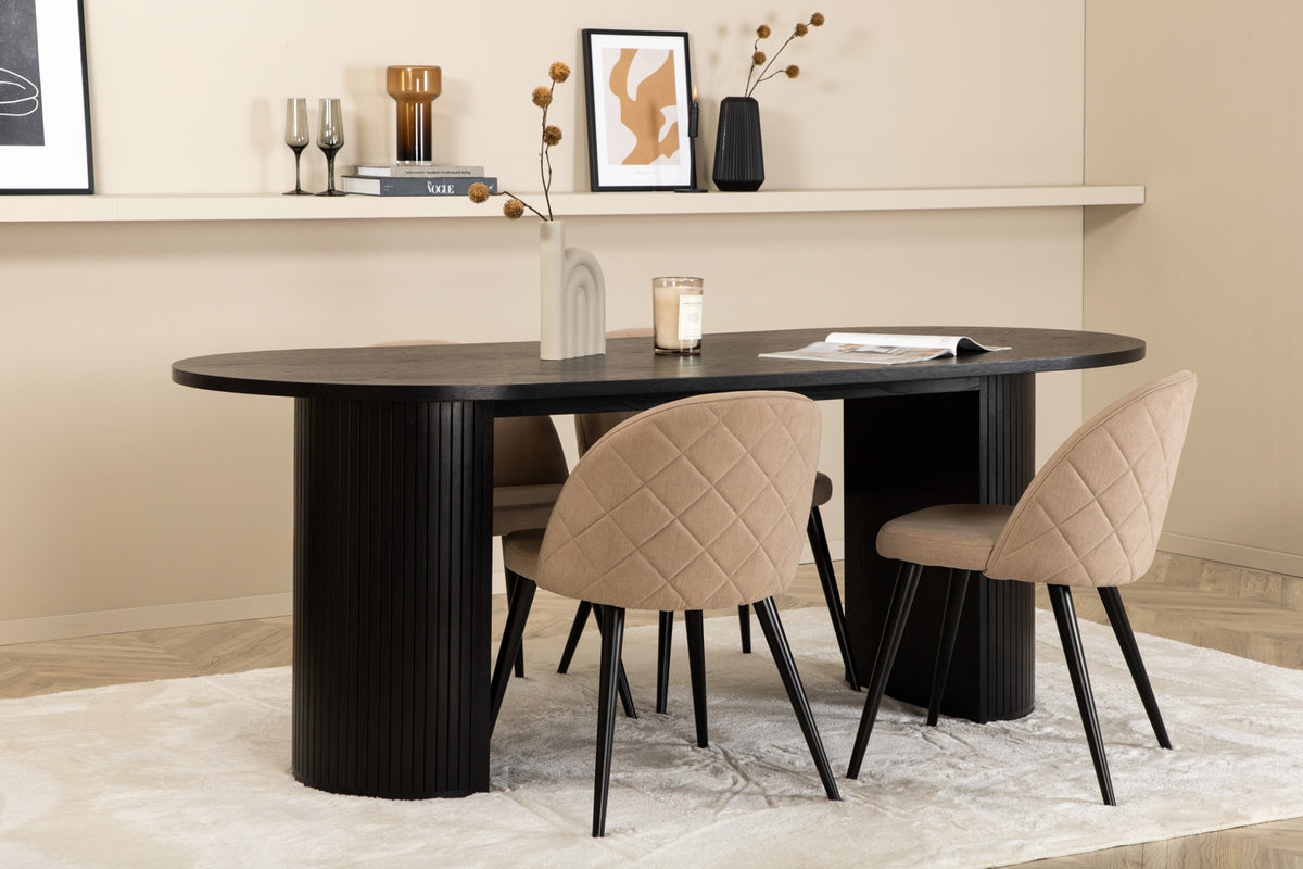 Bianca & Velvet Oval Spisebord 200 x 90 Sort + Spisebænk 2-pak Beige