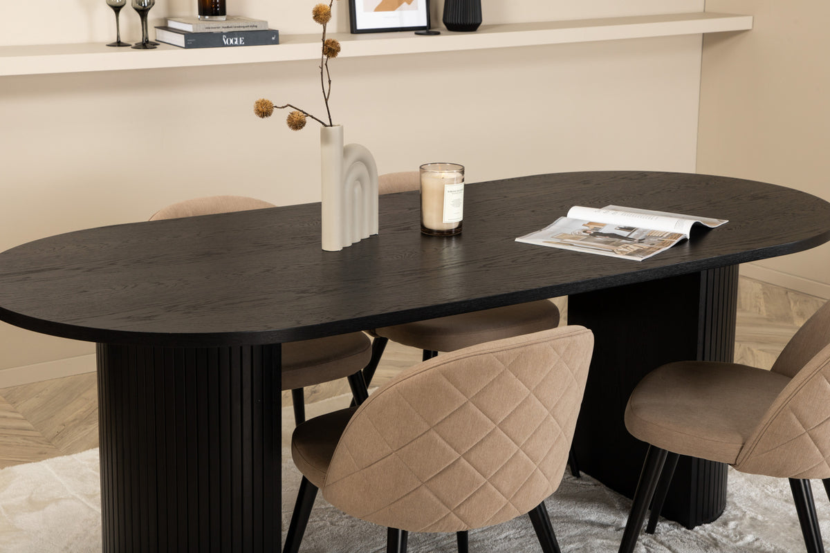 Bianca & Velvet Oval Spisebord 200 x 90 Sort + Spisebænk 2-pak Beige