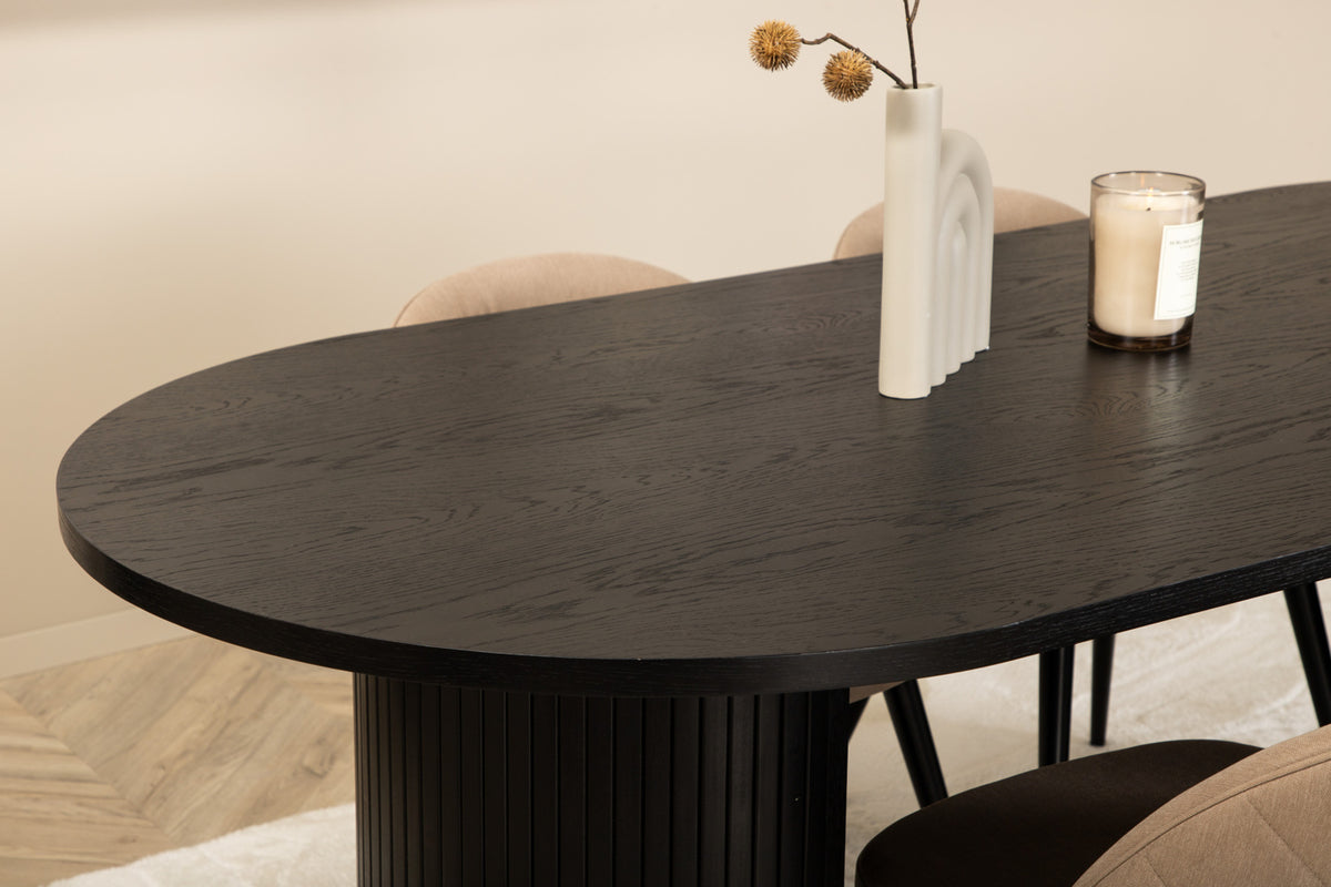 Bianca & Velvet Oval Spisebord 200 x 90 Sort + Spisebænk 2-pak Beige