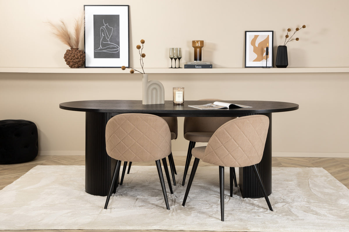 Bianca & Velvet Oval Spisebord 200 x 90 Sort + Spisebænk 2-pak Beige