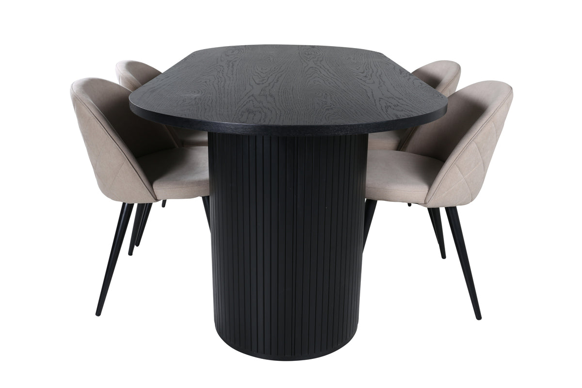 Bianca & Velvet Oval Spisebord 200 x 90 Sort + Spisebænk 2-pak Beige