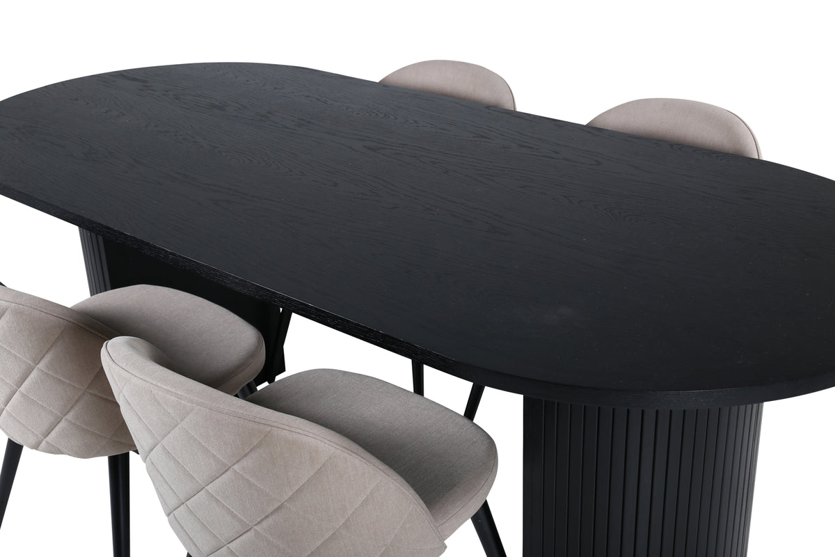 Bianca & Velvet Oval Spisebord 200 x 90 Sort + Spisebænk 2-pak Beige