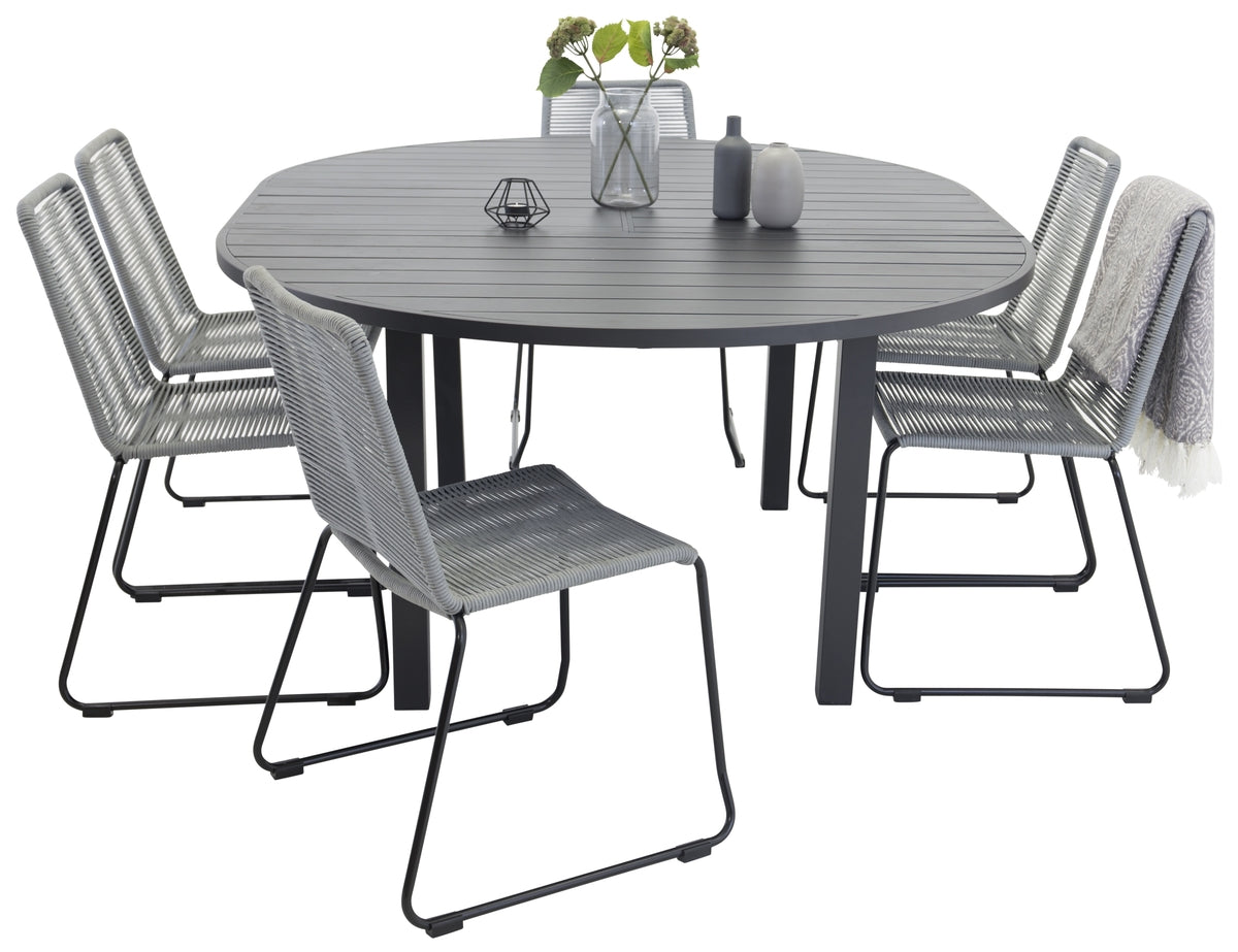 Marbella & Lindos Spisebord ⌀140 + Spisebordsstole Grå