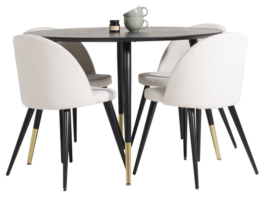 Rundt spisebord 115 Sort + Spisebordsstol 2-pak Creme