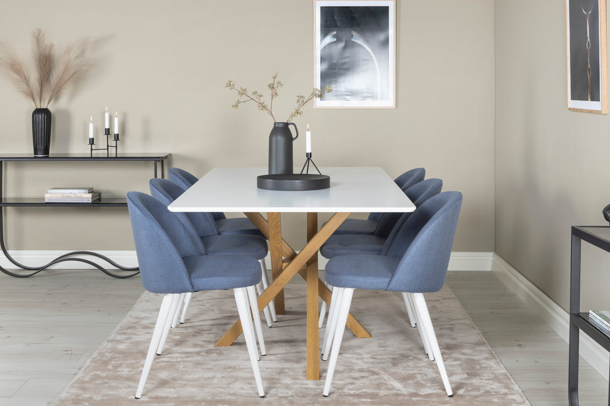 Velvet & Piazza Spisestole 2-pak Blå + Rektangulært Spisebord 180 x 90 Hvid