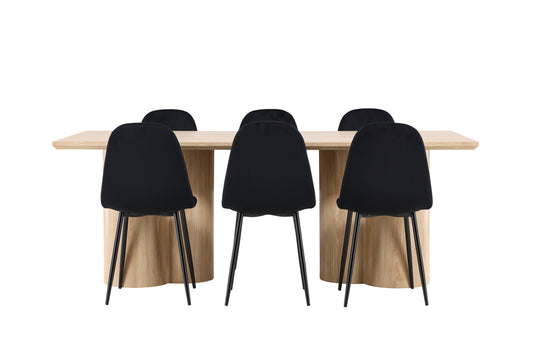 Spisebordsstol 2-pak Sort + Rektangulært Spisebord 210 x 100 Natur