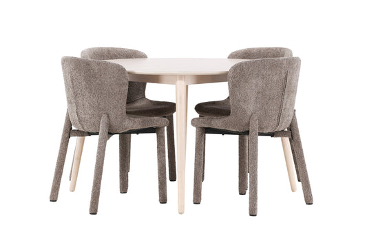 Rundt spisebord 120 Whitewash + Spisebordsstol 2-pak Brun