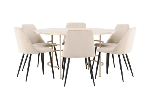 Spisebordsstol 2-pak Beige + Rundt spisebord 140 Whitewash