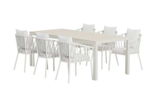 Mirko & Linos Rektangulært spisebord 205 x 90 Beige + Spisebordsstol 2-pak Hvid