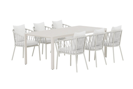 Giardini & Linos Rektangulært spisebord 200 x 90 Beige + Spisebordsstol 2-pak Hvid