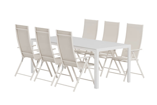 Break & Levanzo Rektangulært spisebord 205 x 90 Hvid + Position stol 2-pak Beige