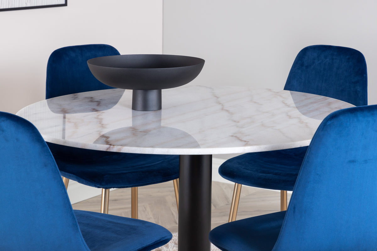 Rundt spisebord 106 Hvid + Spisebordsstol 2-pak Blå