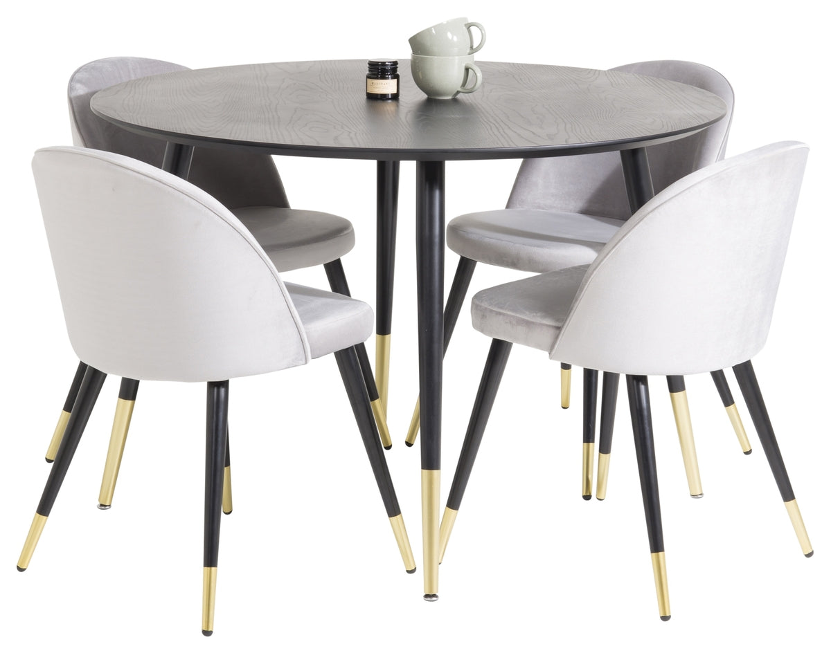 Rundt spisebord 115 Sort + Spisebordsstol 2-pak Grå