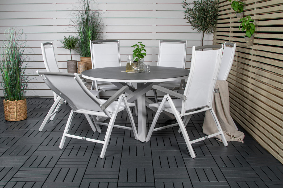 Copacabana & Albany Runde Spisebord 140 Grå + Positionsstole Hvid