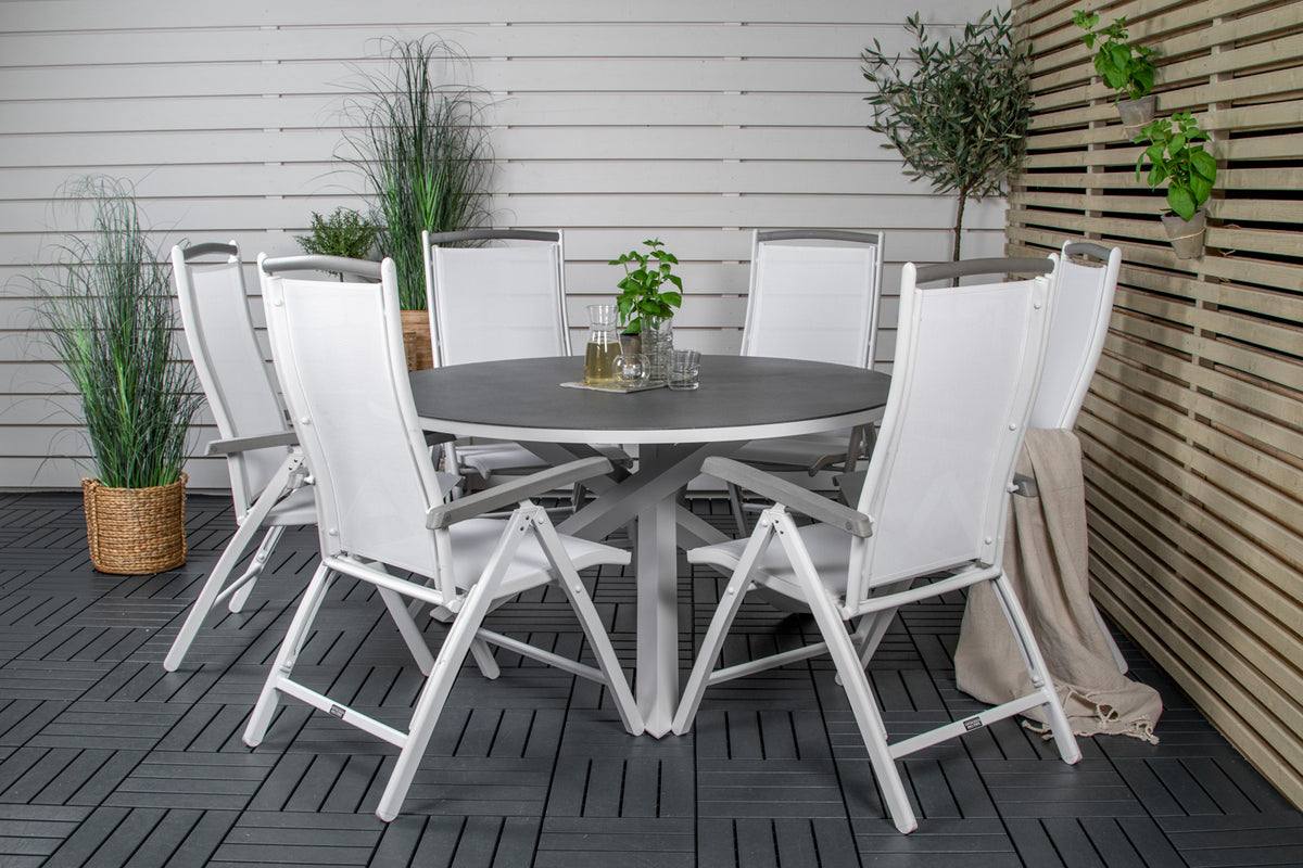 Copacabana & Albany Runde Spisebord 140 Grå + Positionsstole Hvid