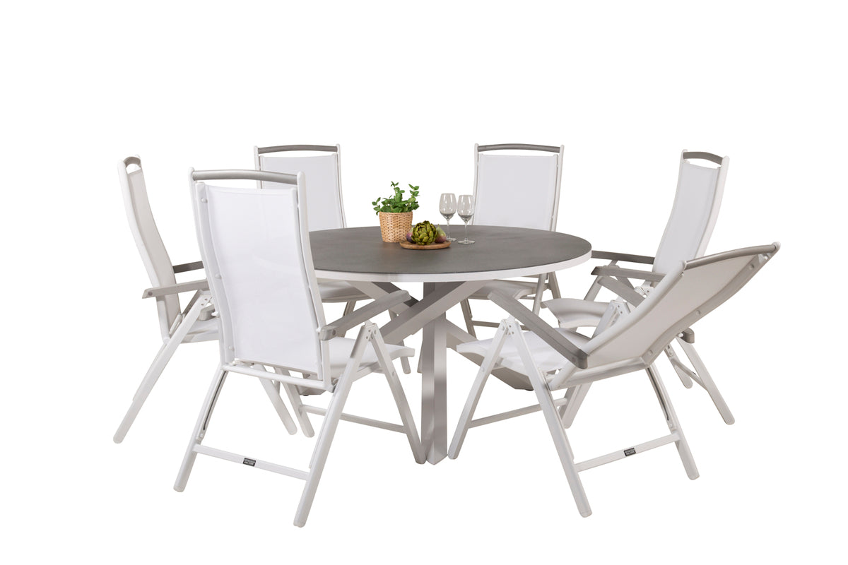 Copacabana & Albany Runde Spisebord 140 Grå + Positionsstole Hvid