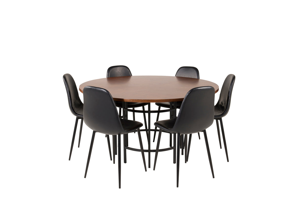 Rundt spisebord 140 Brun + Spisestol 2-pak Sort