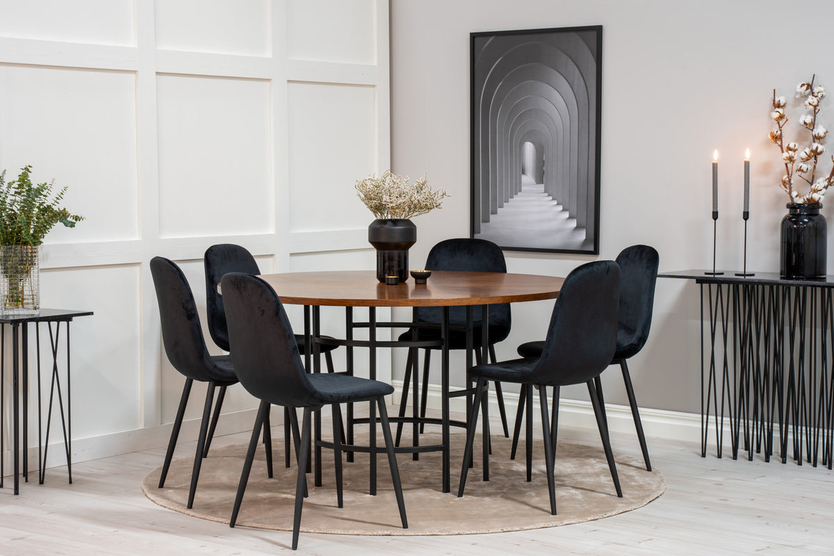 Rundt spisebord 140 Brun + Spisestol 2-pak Sort