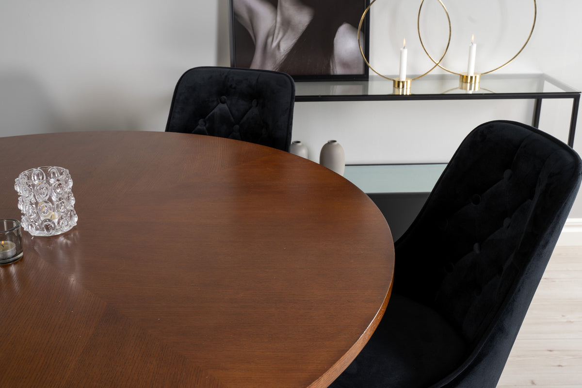 Rundt spisebord 140 Brun + Spisestol 2-pak Sort