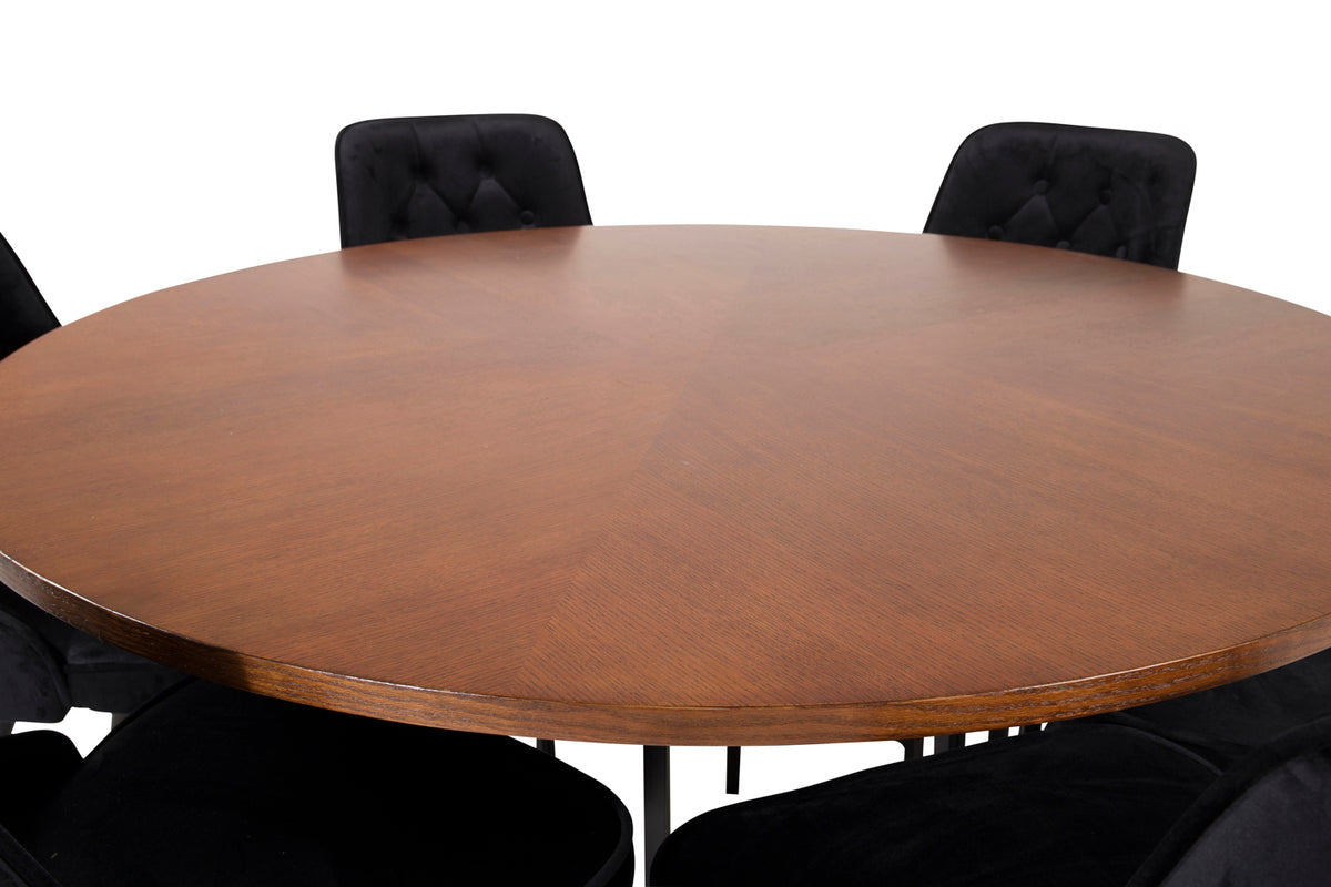 Rundt spisebord 140 Brun + Spisestol 2-pak Sort