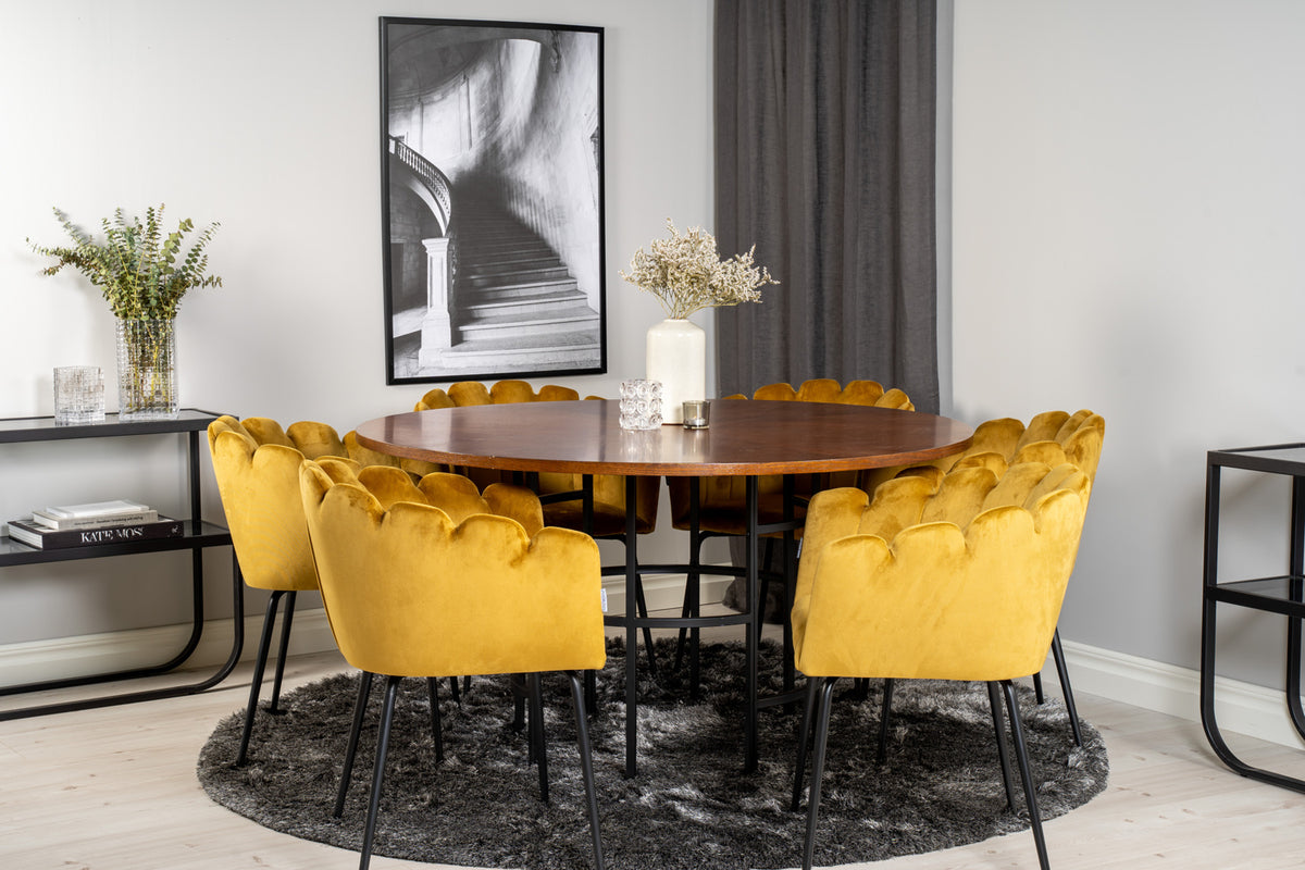 Spisebordsstol Gul + Rundt Spisebord 140 Brun