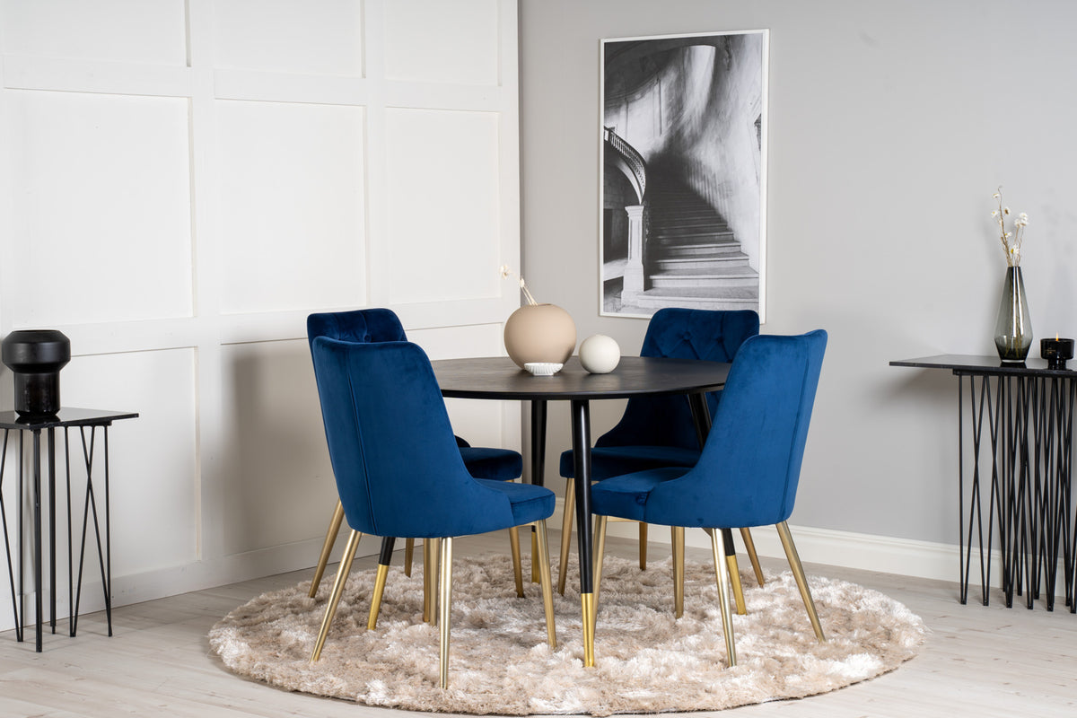 Rundt spisebord 115 Sort + Spisebordsstol 2-pak Blå