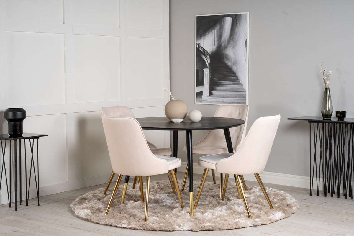 Rundt spisebord 115 Sort + Spisebordsstol 2-pak Beige