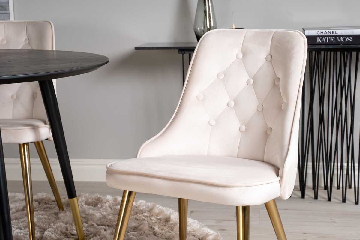 Rundt spisebord 115 Sort + Spisebordsstol 2-pak Beige