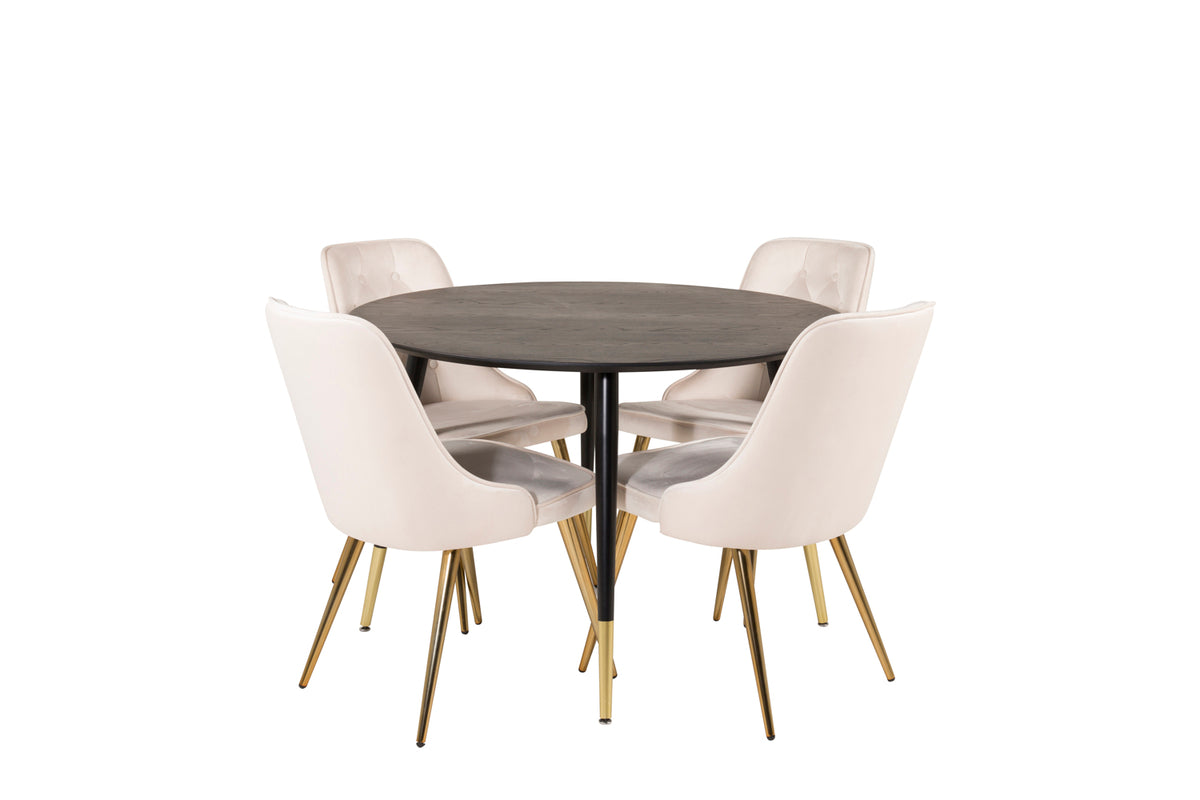 Rundt spisebord 115 Sort + Spisebordsstol 2-pak Beige