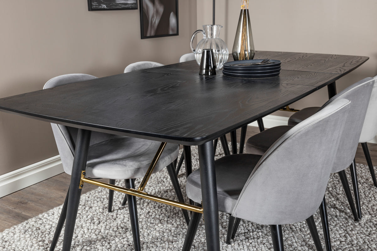 Guld & Velour Rektangulært Spisebord 180 x 85 Sort + Spisebordsstol 2-pak Grå