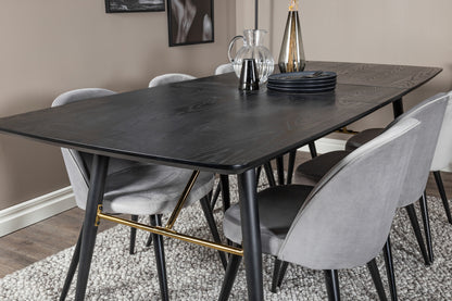 Guld & Velour Rektangulært Spisebord 180 x 85 Sort + Spisebordsstol 2-pak Grå