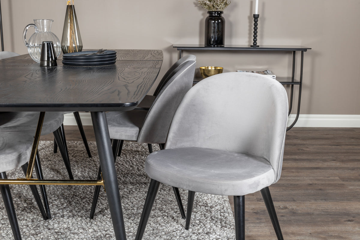 Guld & Velour Rektangulært Spisebord 180 x 85 Sort + Spisebordsstol 2-pak Grå
