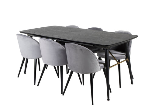 Guld & Velour Rektangulært Spisebord 180 x 85 Sort + Spisebordsstol 2-pak Grå