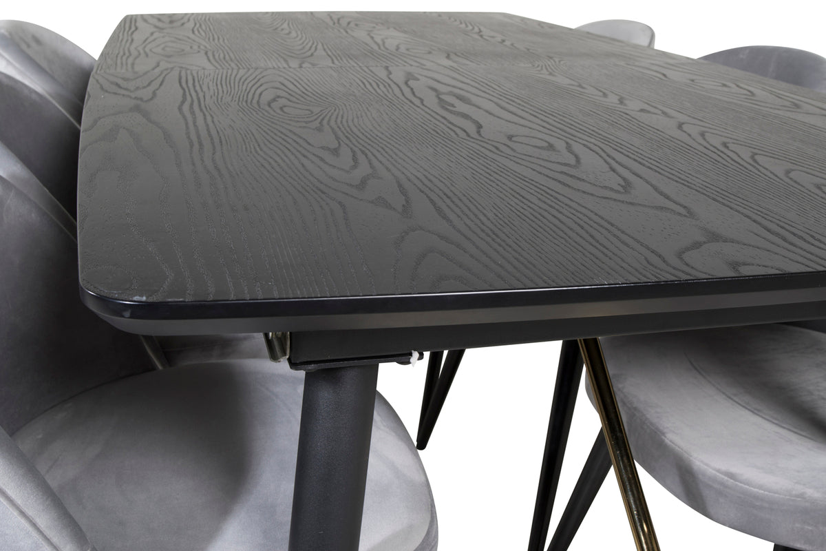 Guld & Velour Rektangulært Spisebord 180 x 85 Sort + Spisebordsstol 2-pak Grå