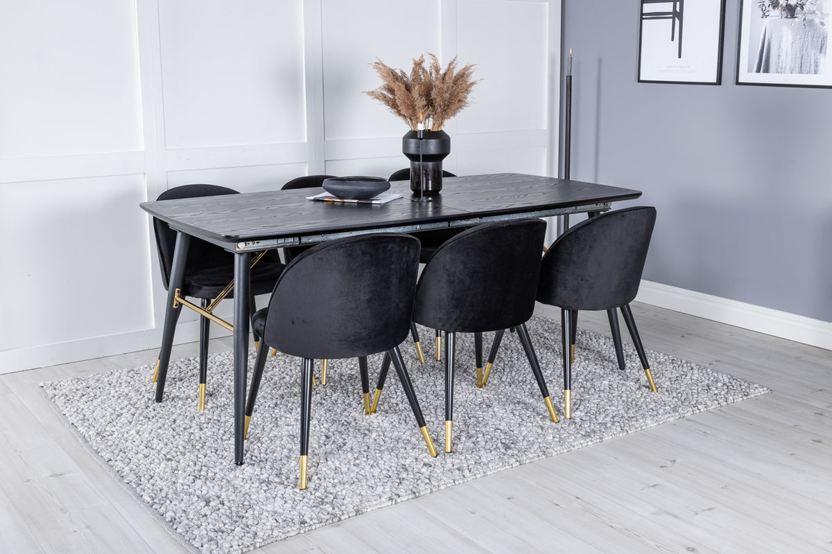 Guld & Velour Rektangulært Spisebord 180 x 85 Sort + Spisebordsstol 2-pak Sort