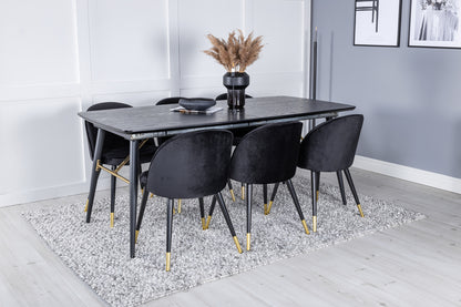 Guld & Velour Rektangulært Spisebord 180 x 85 Sort + Spisebordsstol 2-pak Sort