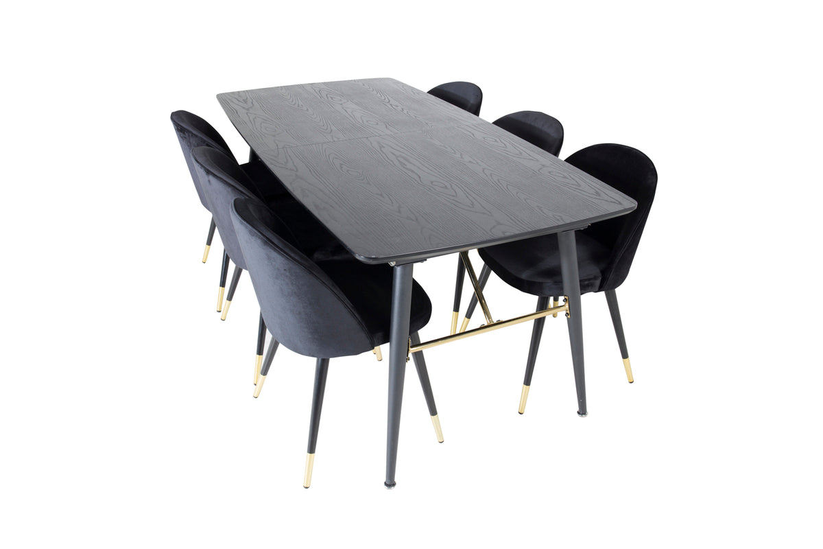 Guld & Velour Rektangulært Spisebord 180 x 85 Sort + Spisebordsstol 2-pak Sort