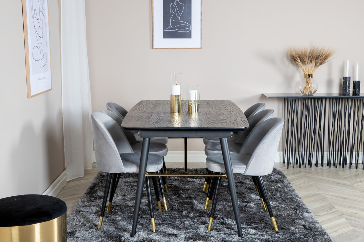 Guld & Velour Rektangulært Spisebord 180 x 85 Sort + Spisebordsstol 2-pak Grå