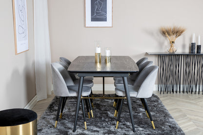 Guld & Velour Rektangulært Spisebord 180 x 85 Sort + Spisebordsstol 2-pak Grå
