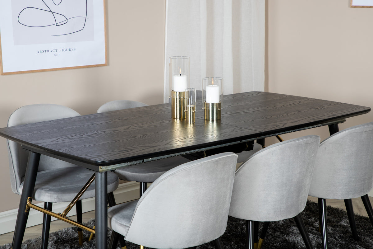 Guld & Velour Rektangulært Spisebord 180 x 85 Sort + Spisebordsstol 2-pak Grå