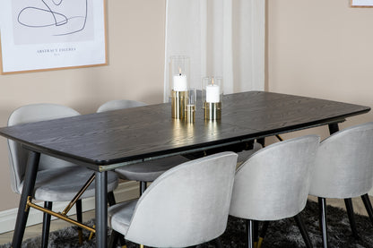 Guld & Velour Rektangulært Spisebord 180 x 85 Sort + Spisebordsstol 2-pak Grå