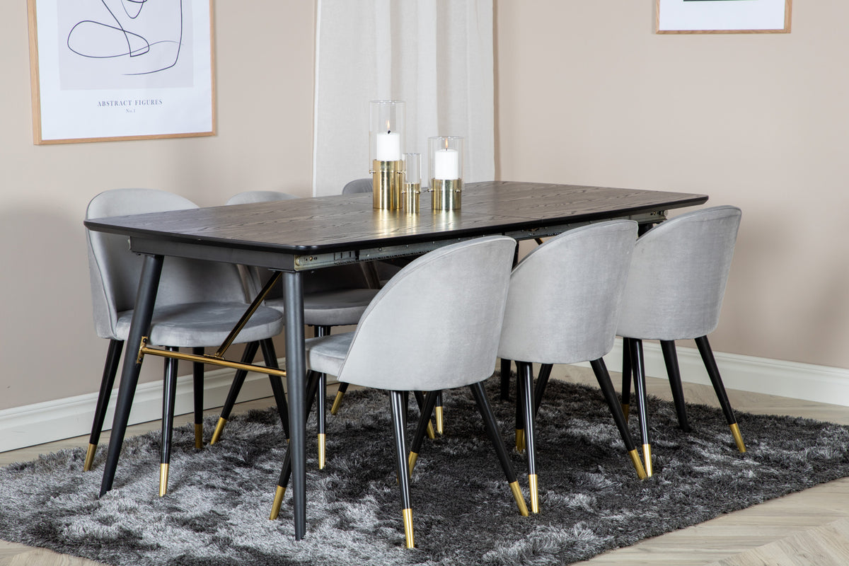 Guld & Velour Rektangulært Spisebord 180 x 85 Sort + Spisebordsstol 2-pak Grå