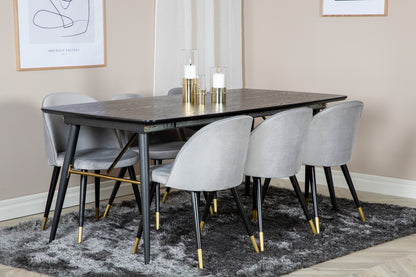 Guld & Velour Rektangulært Spisebord 180 x 85 Sort + Spisebordsstol 2-pak Grå